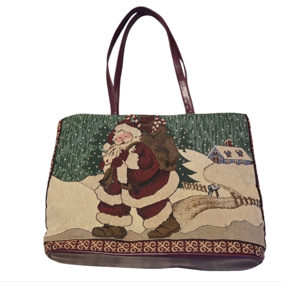 Vtg 90s Santa Claus Tapestry Tote Bag - Picture 1 of 12